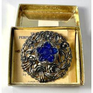 Vintage Filigree Blue Flower Brooch Pendant Secret Perfume Compartment Orig. Pkg